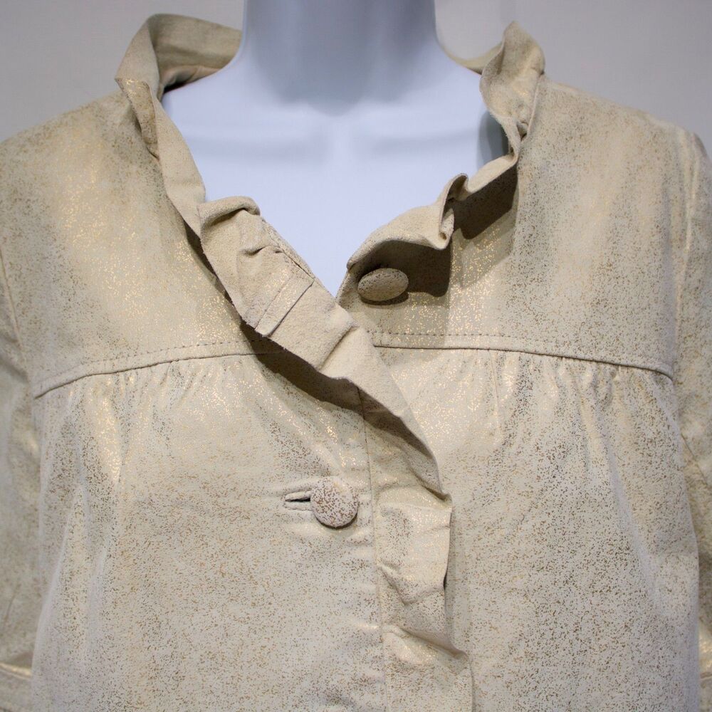 Michael Simon Ruffled Leather Jacket Beige Gold Sparkle Women Size M (B4) - Picture 3 of 16